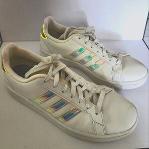 Adidas Size 7 White Leather Sneakers with Iridescent Stripes